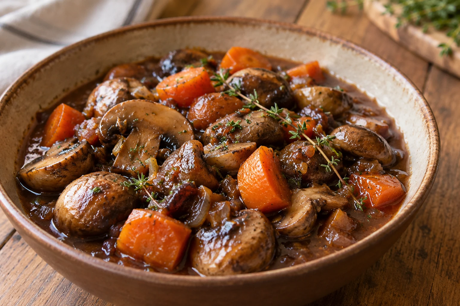 Bourguignon de champignons au vin rouge avec carottes et thym dans bol rustique