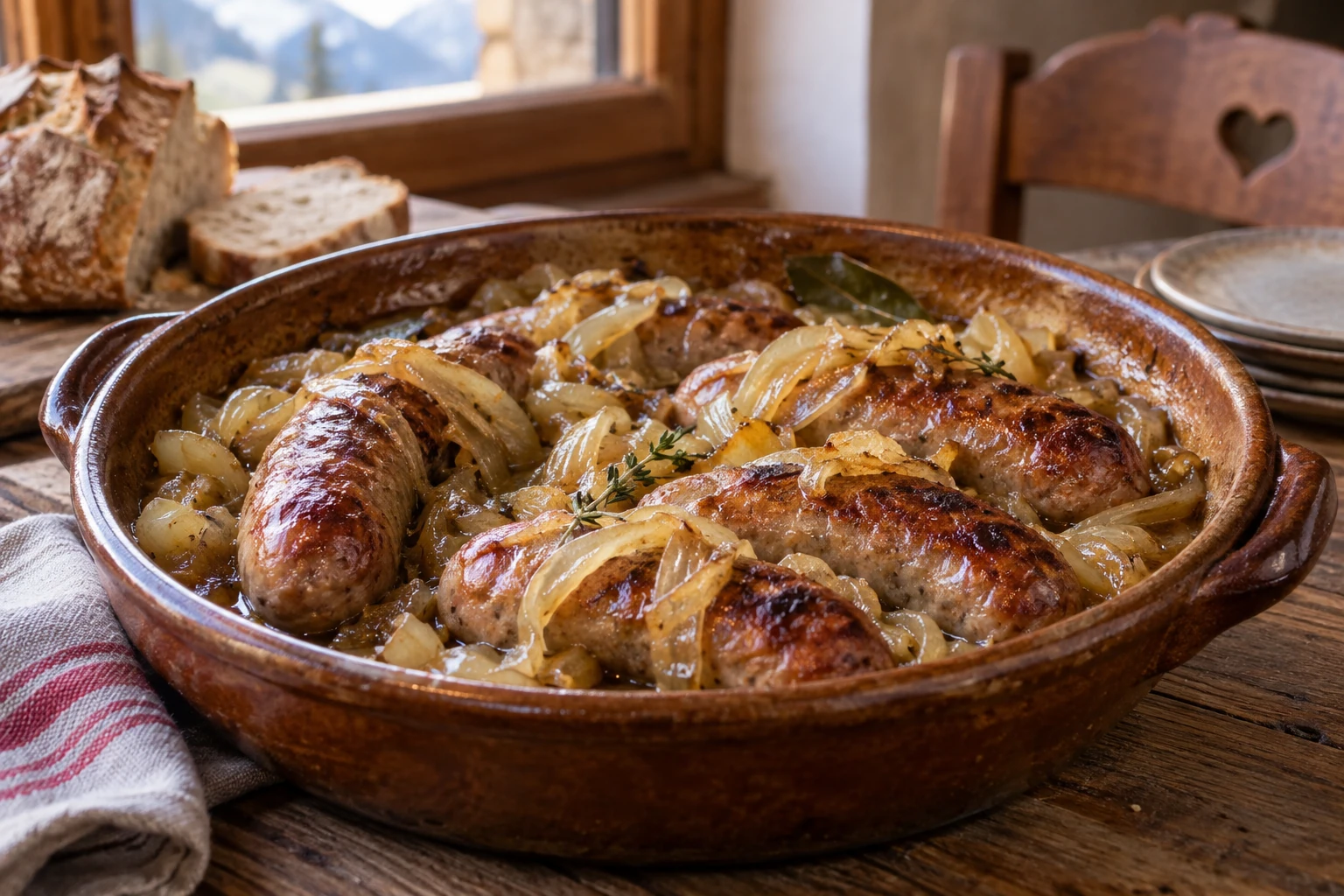 Diots au vin blanc dans plat en terre, oignons fondus, brin de thym rustique