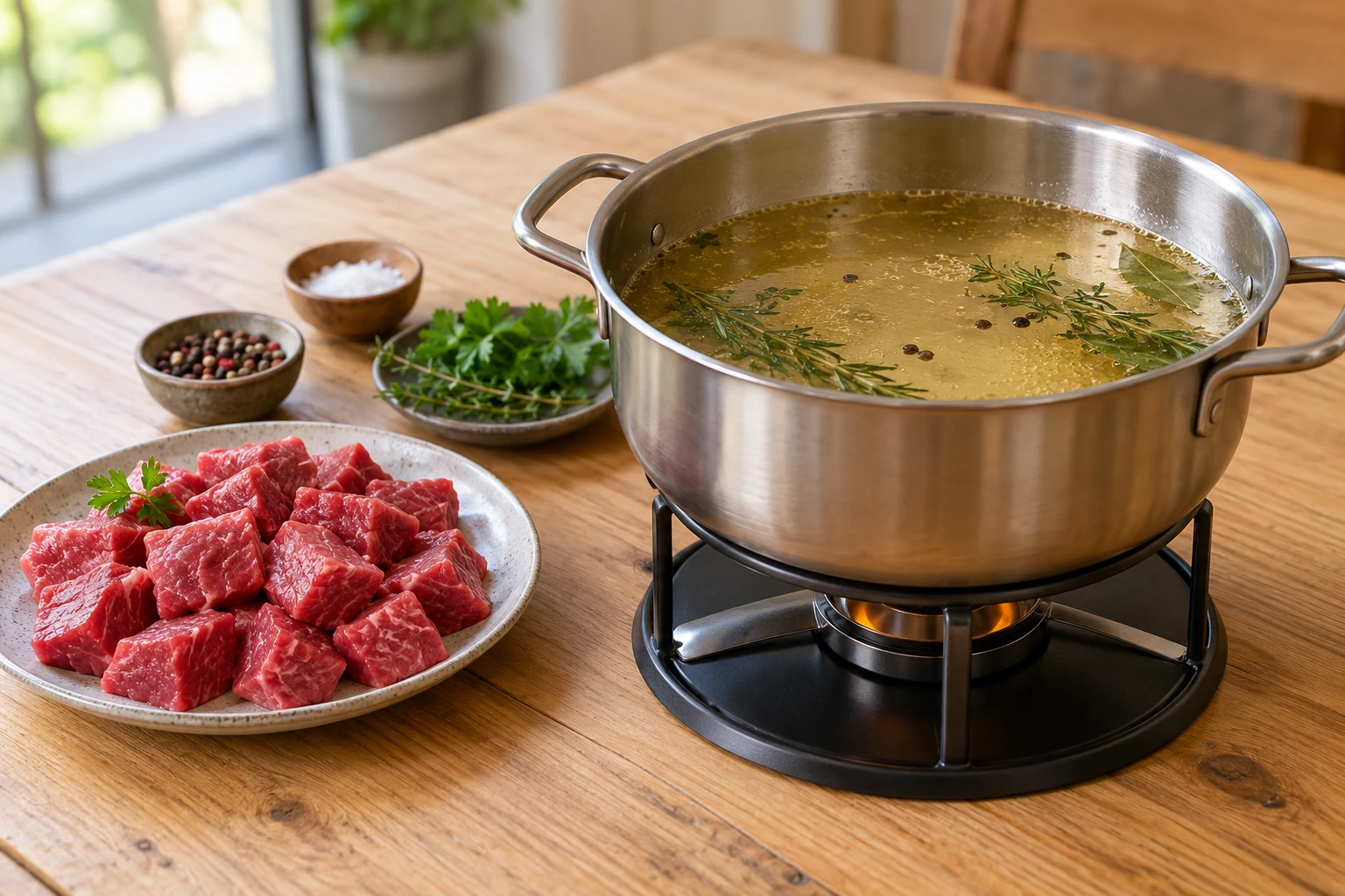 Casserole de fondue vigneronne chauffée, bouillon aux herbes, assiette de cubes de boeuf rouge