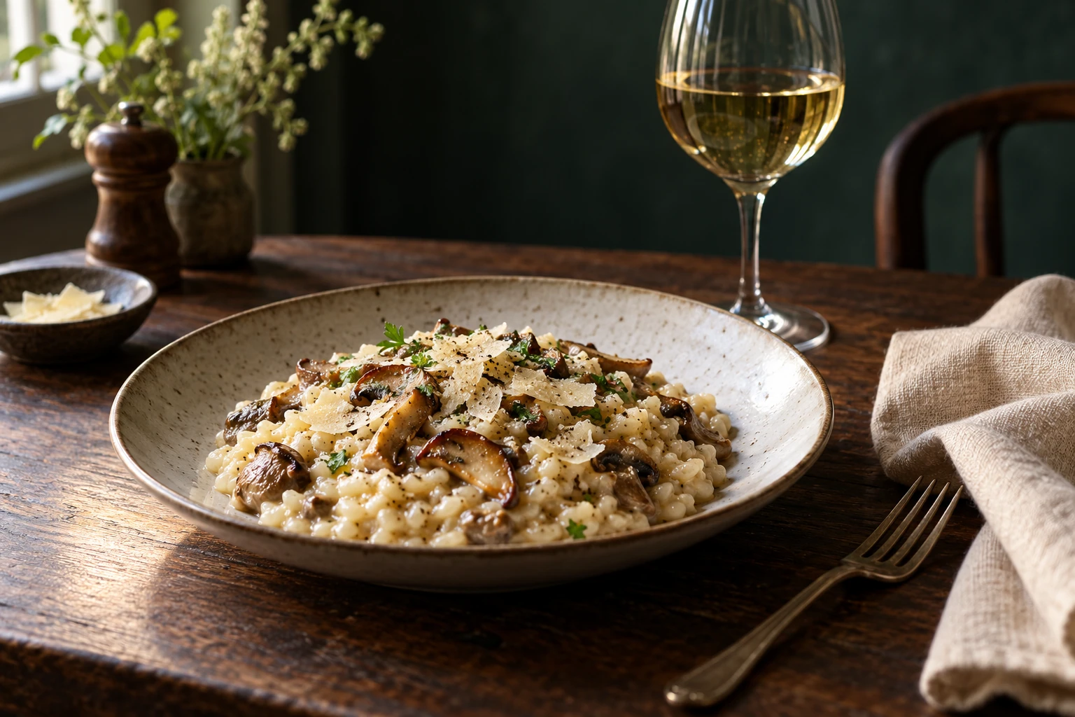 Risotto aux champignons crémeux garni de parmesan et verre de vin blanc