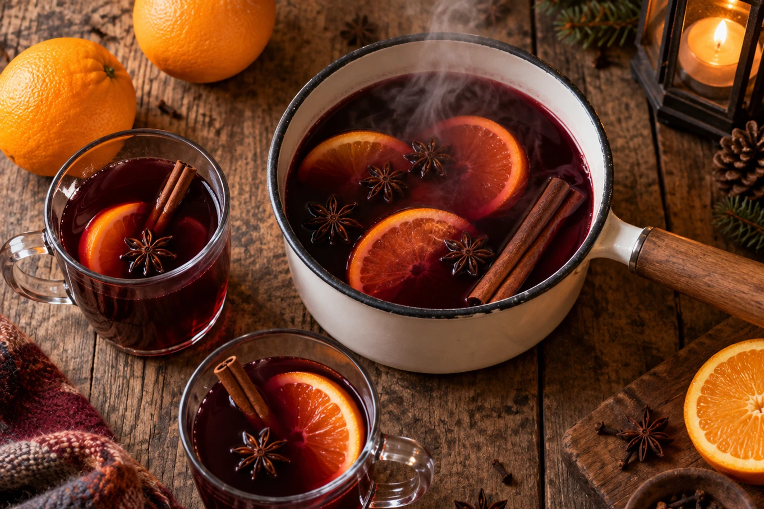 Casserole et tasses de vin chaud fumant avec tranches d'orange et épices