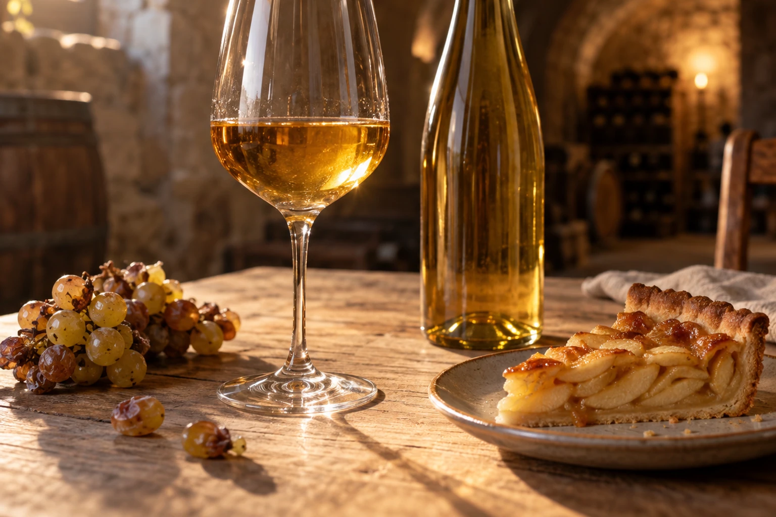 Verre et bouteille de vin blanc moelleux, grappe de raisins, tarte aux pommes sur table en bois