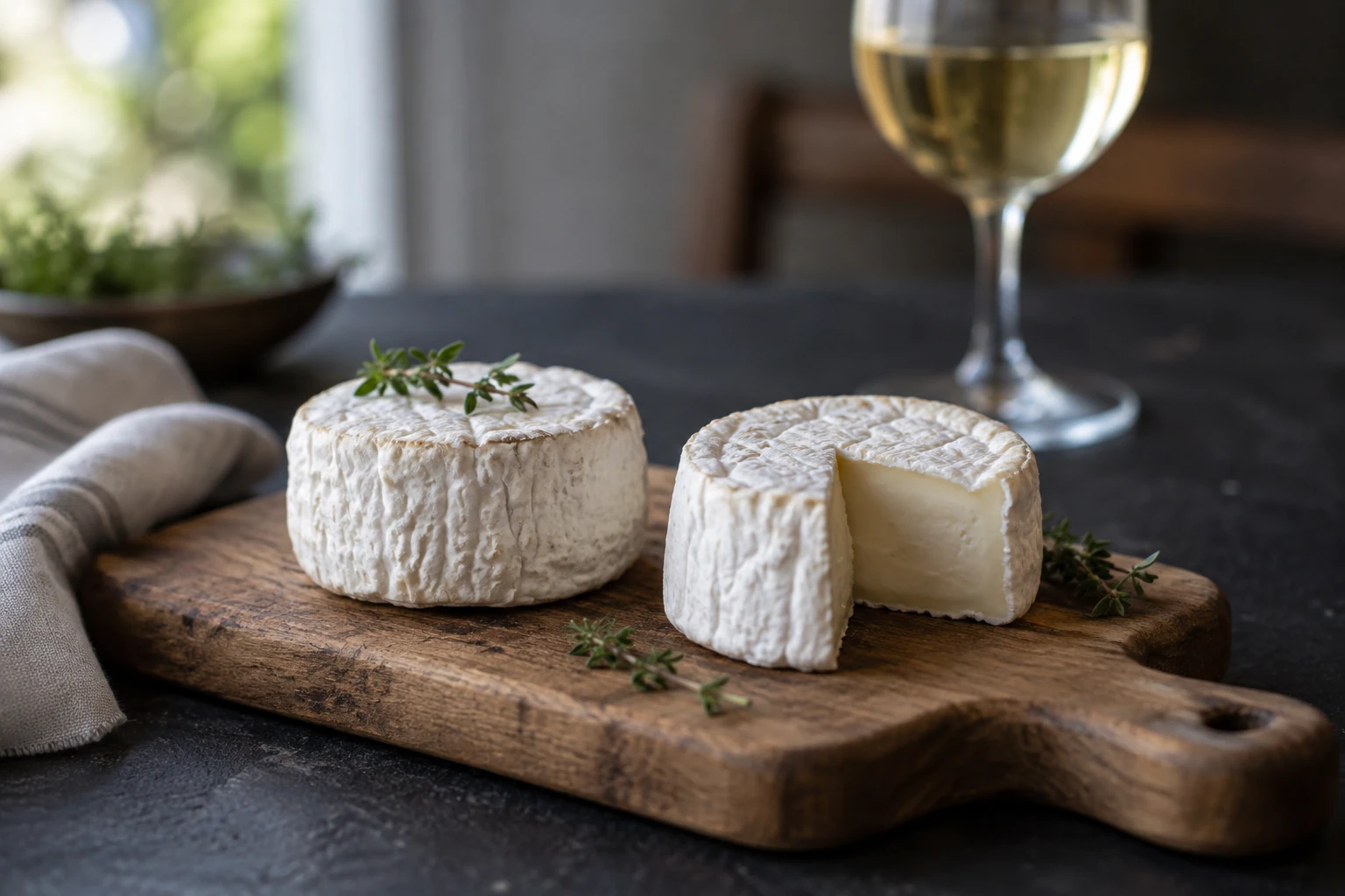 Deux fromages de chèvre frais sur planche en bois, verre de vin blanc en arrière-plan