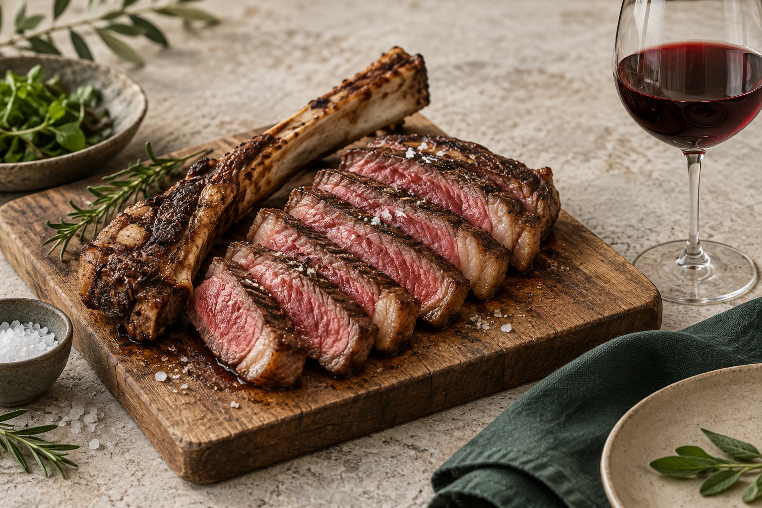 Côte de bœuf tranchée rosée sur planche en bois, verre de vin rouge à côté